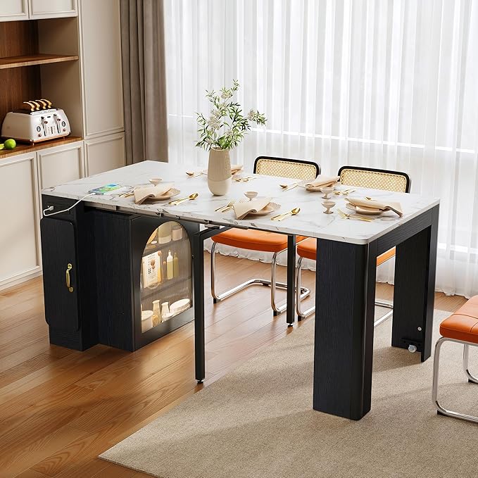 Extendable Dining Table with 3 Removable Middle Leaves,Mobile Rolling Island Table with Power Outlet,for Dining Room Living Room (Black,White Marble#1)