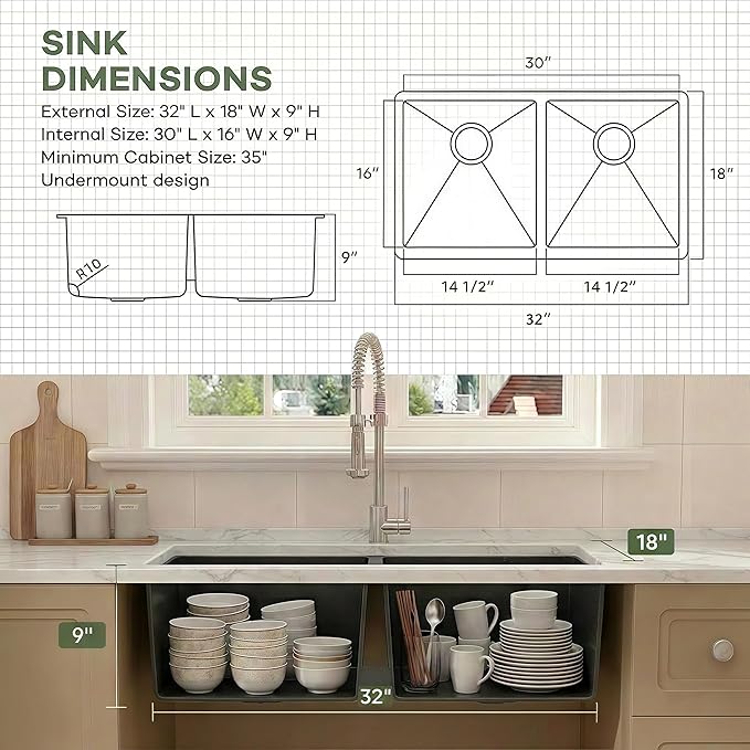 LQS Black Undermount Kitchen Sink 32 Inch, Black Kitchen Sink Undermount 32" x 18", 50/50 Double Bowl 16 Gauge Stainless Steel Sinks with Roll-up Dying Rack and Accessories, R10 Round Corner
