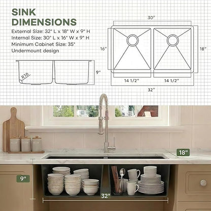 LQS Black Undermount Kitchen Sink 32 Inch, Black Kitchen Sink Undermount 32" x 18", 50/50 Double Bowl 16 Gauge Stainless Steel Sinks with Roll-up Dying Rack and Accessories, R10 Round Corner
