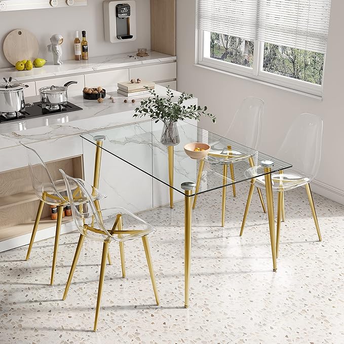 Glass Dining Table for 4 with 51 inch Clear Tempered Glass Top, 0.31" Modern Rectangular Glass Kitchen Table Furniture with 4 Golden Plating Metal Legs for Home Kitchen Room