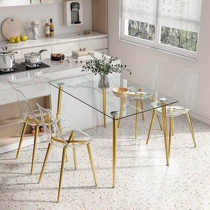 Glass Dining Table for 4 with 51 inch Clear Tempered Glass Top, 0.31" Modern Rectangular Glass Kitchen Table Furniture with 4 Golden Plating Metal Legs for Home Kitchen Room