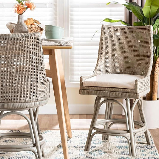 Bali & pari Bella Swivel Rattan Counter Stool with Cushion - Handwoven Wicker Kitchen Island Seating with Backrest and Footrest, French Grey