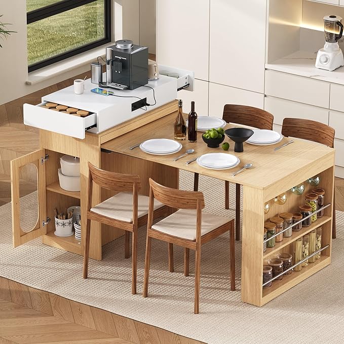 Kitchen Islands with Extendable Dining Table, Wheels and Hooks, Sideboard, Island Table with Double-Side Storage for Kitchen and Dining Room (Natural+Creamy White)