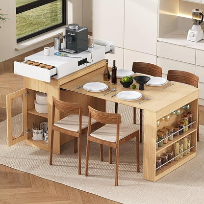 Kitchen Islands with Extendable Dining Table, Wheels and Hooks, Sideboard, Island Table with Double-Side Storage for Kitchen and Dining Room (Natural+Creamy White)