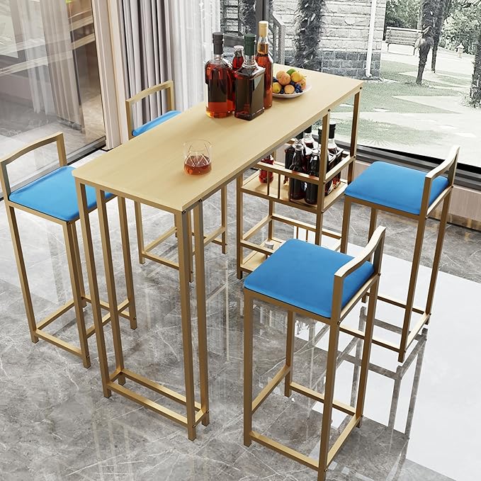 5-Piece Bar Height Table and Chairs Set - Gold Frame Bar Table with Storage & Sponge-Cushioned Chairs,Kitchen Table, Kitchen Island Seating, or Dining Table Set (Gold,Light Beige,Navy Multi)