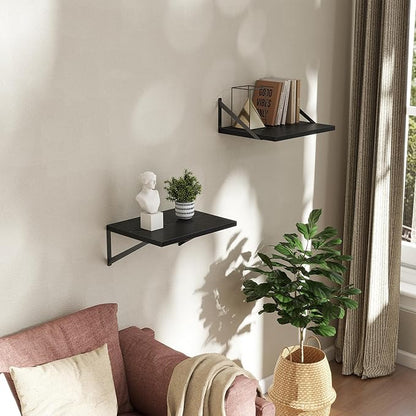 Acovy Deep Floating Shelves Wall Mounted, 16"x12" Black Wall Shelves with Brackets Set of 2 for Bedroom, Living Room, Bathroom, Kitchen, Office - Storage & Display Shelf for Decor, Books, Plants