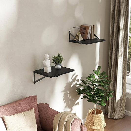 Acovy Deep Floating Shelves Wall Mounted, 16"x12" Black Wall Shelves with Brackets Set of 2 for Bedroom, Living Room, Bathroom, Kitchen, Office - Storage & Display Shelf for Decor, Books, Plants
