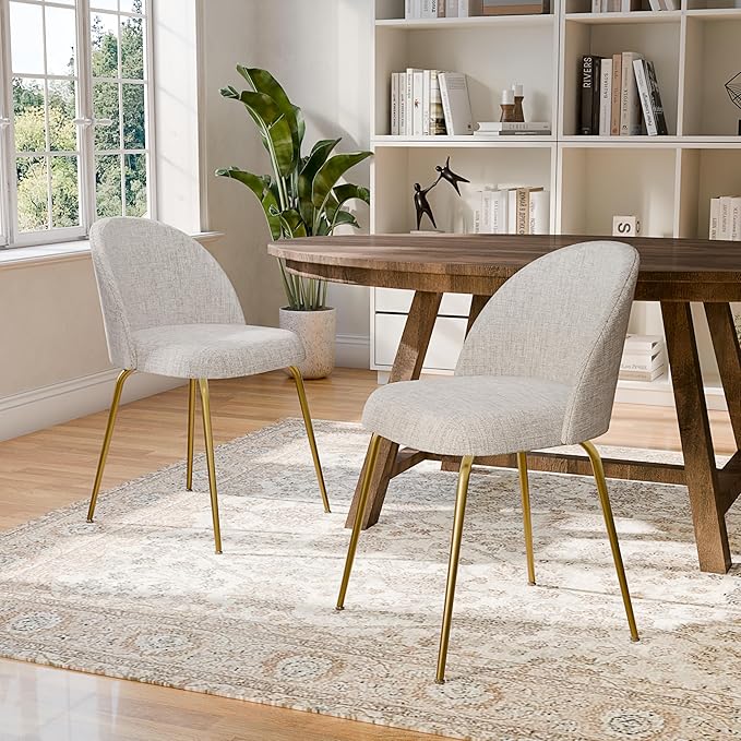 Casaphoria Dining Chairs Set of 2, Modern Gray and Gold Upholstered Accent Chairs with Metal Legs, Ergonomic Comfy Vanity Chair for Kitchen, Living Room, and Bedroom
