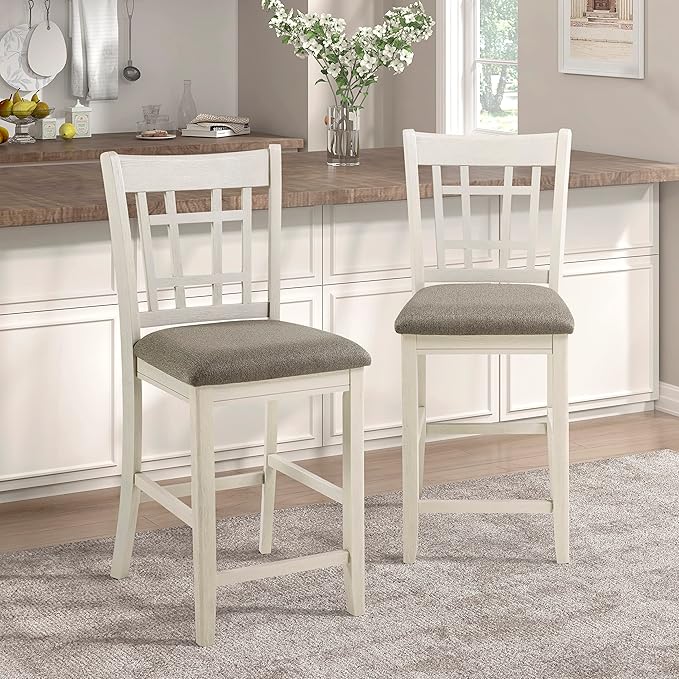 Lexicon Dante Counter Height Chair (Set of 2), Wood Frame Kitchen Island Chair with Upholstered Fabric Seat and Lattice Back Design, Easy Assembly, Antique White