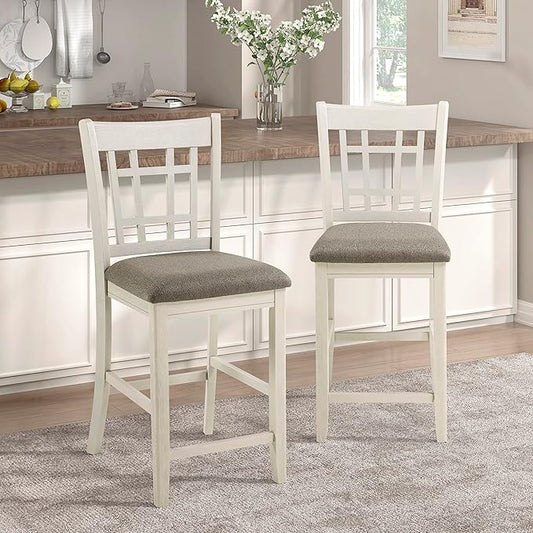 Lexicon Dante Counter Height Chair (Set of 2), Wood Frame Kitchen Island Chair with Upholstered Fabric Seat and Lattice Back Design, Easy Assembly, Antique White