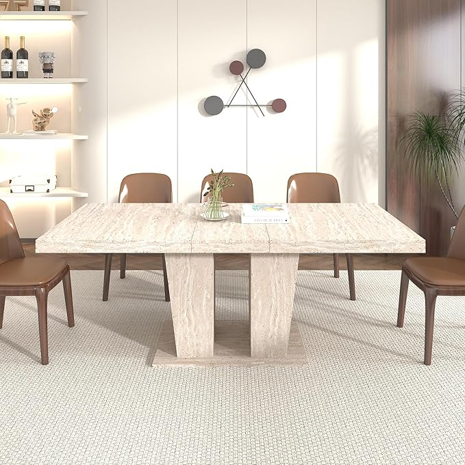 78.74" Extendable Dining Table for 6 8 10 Person, Modern Travertine Expandable Kitchen Table with Dual Column Pedestal Base, Large Rectangle Wooden Expanding Table for Kitchen Dining Conference Room