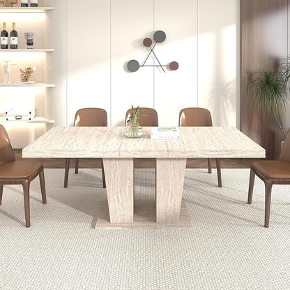 78.74" Extendable Dining Table for 6 8 10 Person, Modern Travertine Expandable Kitchen Table with Dual Column Pedestal Base, Large Rectangle Wooden Expanding Table for Kitchen Dining Conference Room