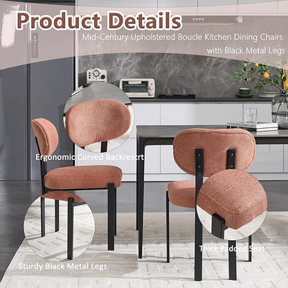 Set of 4 Modern Boucle Dining Chairs, Mid-Century Upholstered Chairs with Black Metal Legs, Ideal for Dining Room, Kitchen Island, Living Room, Bedroom, Home Office, Orange