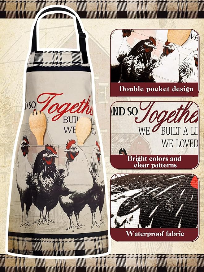 Bencailor 6 Pcs Spring Kitchen Aprons with Pockets Flower Rooster Bee Butterfly Sunflower Summer Aprons Bulk for Women(Beige,Black and Red Farm Rooster)