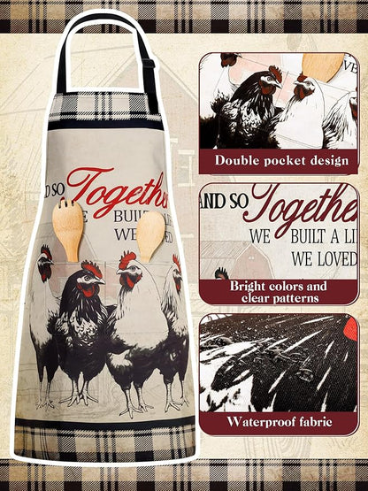 Bencailor 6 Pcs Spring Kitchen Aprons with Pockets Flower Rooster Bee Butterfly Sunflower Summer Aprons Bulk for Women(Beige,Black and Red Farm Rooster)