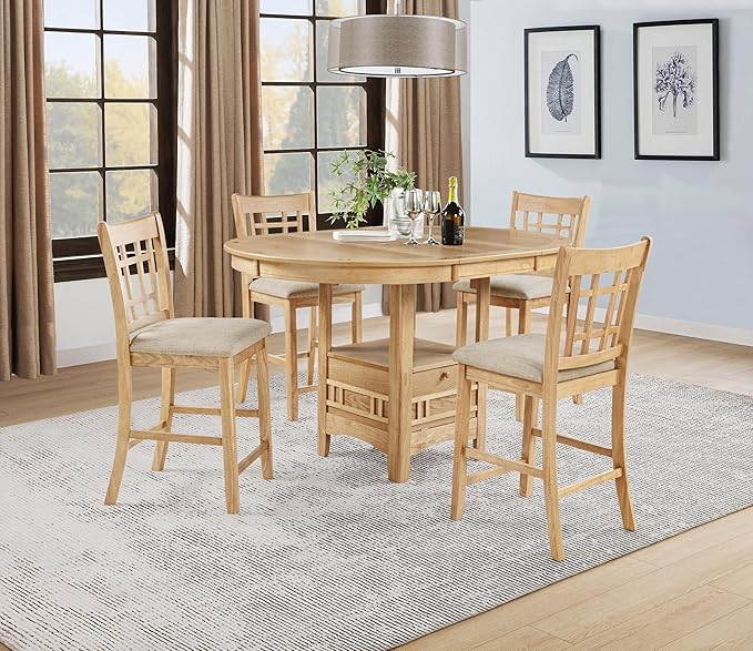 Coaster Home Furnishings - LAVON - 5-Piece Counter Height Dining Set - Oval Extendable Table with Storage & 4 Upholstered Chairs - Dining Room & Kitchen - Light Oak - 106628-S5