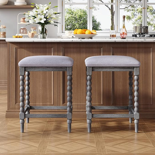 Harper & Bright Designs 26''Counter Stools,Set of 2 with Upholstered Seat, Solid Acacia Wood Frame, Foam-Padded Seat, Open Airy Design for Kitchen Island and Bar, Gray