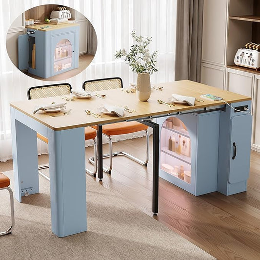 Extendable Dining Table for 4-6, 33''-59'' Extending Dining Table w/Removable Leaves Space Saving, Mobile Rolling Island Tables with Power Outlet Wooden Adjustable Tables for Kitchen (Grey Blue)