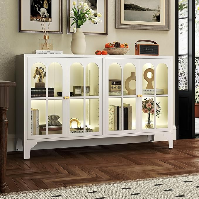 Foreate Sideboard Buffet Cabinet with Glass Door & LED Light, 53.2" Large Buffet Cabinet with Storage & Adjustable Shelf, Farmhouse Sideboard Credenzas Metal Kitchen Buffet, White