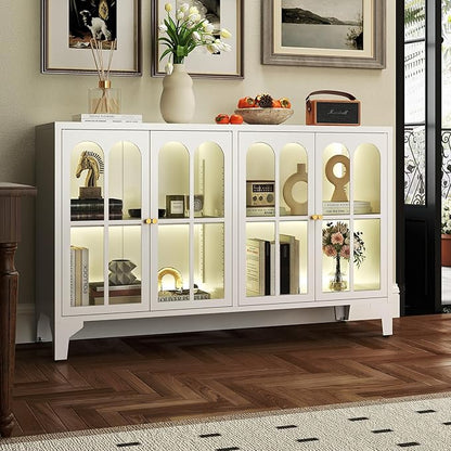 Foreate Sideboard Buffet Cabinet with Glass Door & LED Light, 53.2" Large Buffet Cabinet with Storage & Adjustable Shelf, Farmhouse Sideboard Credenzas Metal Kitchen Buffet, White