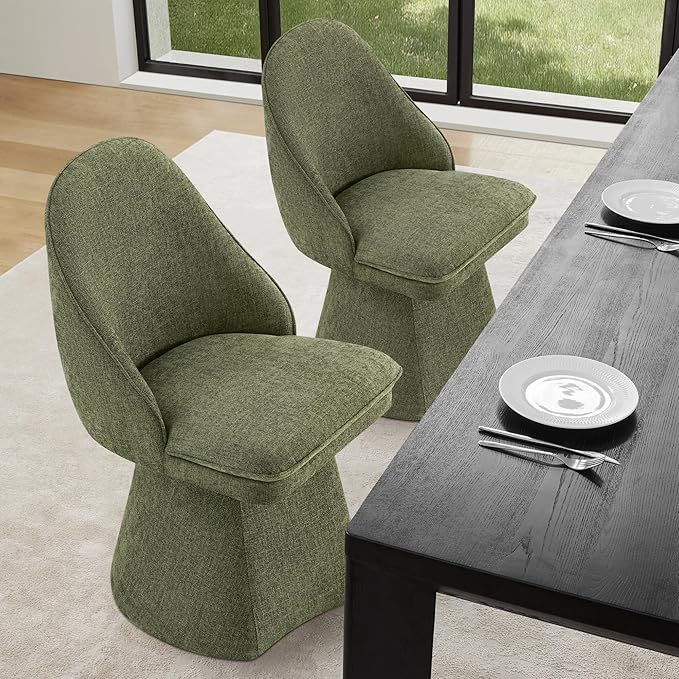 KISLOT Swivel Dining Chairs Set of 2, Upholstered Mid Century Modern Deskchair with Round Back, Linen Fabric Kitchen Chairs for Dining Room, Bedroom, Dressing Room, Green