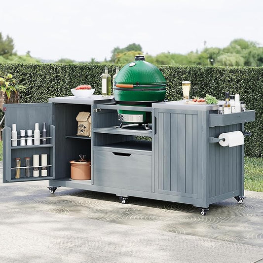 YOPTO Versatile 66.5" Outdoor Grill Cart for Big Green Egg,100% Fir Wood,Stainless Steel Top,Ample Storage,Weatherproof,6 Lockable Wheels,Grey Blue