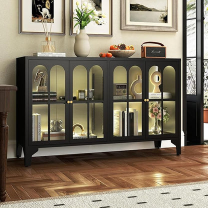 Foreate Sideboard Buffet Cabinet with Glass Door & LED Light, 53.2" Large Buffet Cabinet with Storage & Adjustable Shelf, Farmhouse Sideboard Credenzas Metal Kitchen Buffet, Black