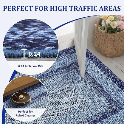 Printed Washable Runner Rug 2x10 Runners for Hallways Braided Rug Non Slip Bath Mat Modern Soft Bedroom Rug Farmhouse Kitchen Rugs Entryway Rugs Stain Resistant Carpet 2'x10' Navy