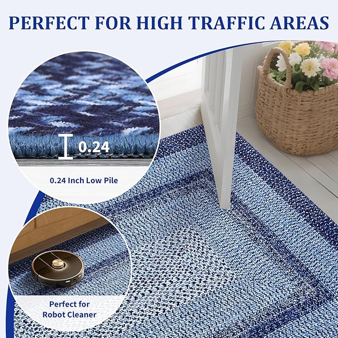 Washable Runner Rug 2x8 Bathroom Rugs Blue Modern Printed Braided Bedroom Rug Non Slip Geometric Area Rug Kitchen Rugs Stain Resistant Carpet for Laundry 2'x8' Navy Blue