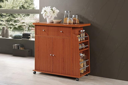 Hodedah Import Kitchen Island with Spice Rack and Towel Rack, Cherry