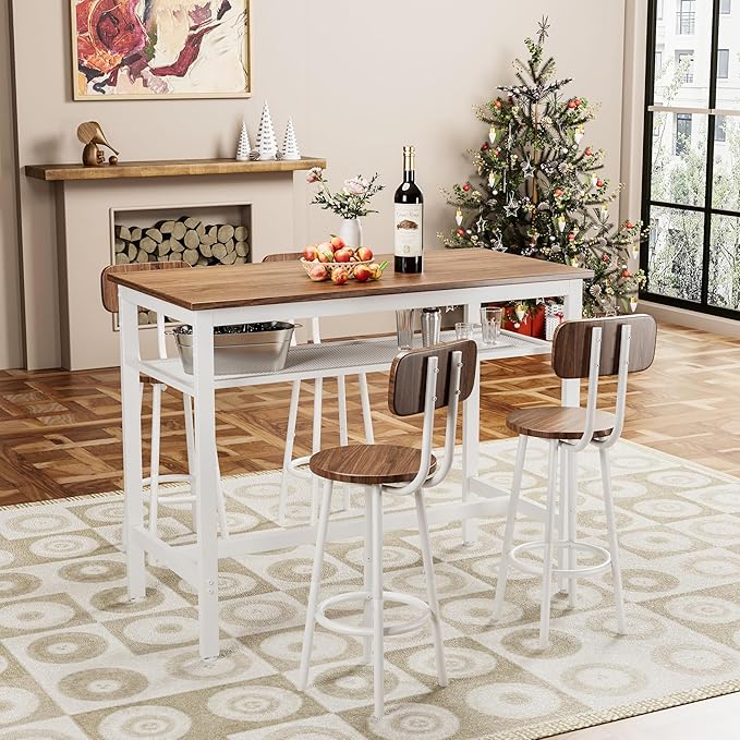 5-Piece Bar Height Table and Chairs Set – Modern Kitchen Table with 4 Bar Stools,Compact Dining Table Chairs Set ,Bar Table and Chairs Set for Kitchen Island Seating & Dining Room (Brown+White.)