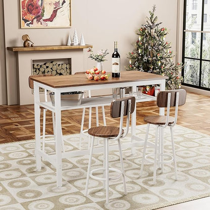 5-Piece Bar Height Table and Chairs Set – Modern Kitchen Table with 4 Bar Stools,Compact Dining Table Chairs Set ,Bar Table and Chairs Set for Kitchen Island Seating & Dining Room (Brown+White.)