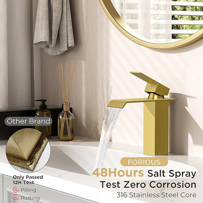 FORIOUS Gold Bathroom Faucet, Modern Waterfall Bathroom Sink Faucets 1 or 3 Hole Single Handle with Deck Plate and Drain, Suitable for Vanity Rv Camper Commerical