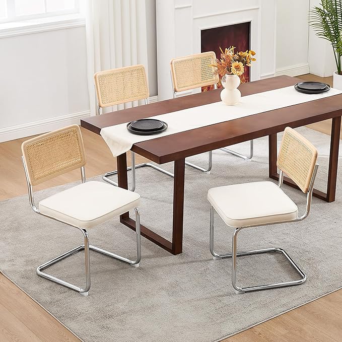Zesthouse Rattan Dining Chairs Set of 6, Mid Century Modern Dining Room Chairs with Natural Cane Mesh & Chrome Base, White Cesca Chair Linen Fabric, Farmhouse Kitchen Chair with Solid Wood Frame Back