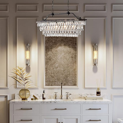 Edvivi Rectangular Linear Crystal Chandelier 30 in. W, 4 Lights Luxury Glam Adjustable Ceiling Lighting Fixture with 4 Rows of Teardrop Crystals for Living Dining Room Kitchen Island, Antique Bronze