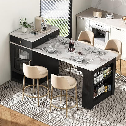 Modern Dining Table Extendable Kitchen Island with, Power Outlet, 2 Drawers, Shelves, Wood Countertop for Living Room Dining Area,Black-MDF