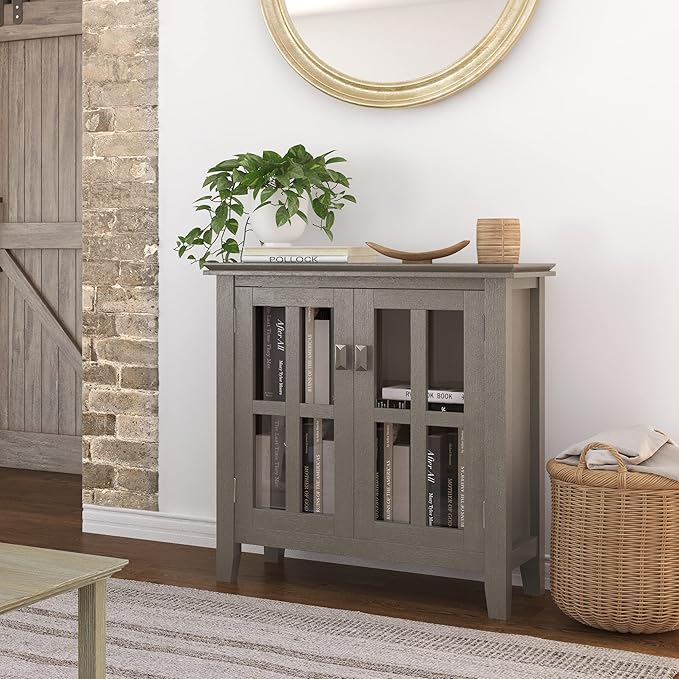 SIMPLIHOME Artisan SOLID WOOD 30 Inch Wide Contemporary Low Storage Cabinet in Farmhouse Grey, For the Living Room, Entryway and Family Room
