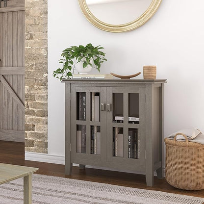 SIMPLIHOME Artisan SOLID WOOD 30 Inch Wide Contemporary Low Storage Cabinet in Farmhouse Grey, For the Living Room, Entryway and Family Room