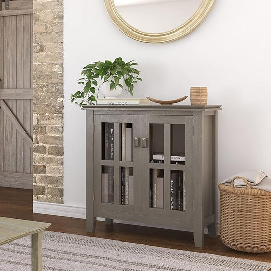 SIMPLIHOME Artisan SOLID WOOD 30 Inch Wide Contemporary Low Storage Cabinet in Farmhouse Grey, For the Living Room, Entryway and Family Room
