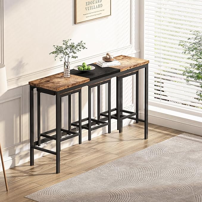 Merax 4 Piece Block-Color Pub Dining Table Set,Modern Bar Table Set with 60.24 Long Dining Table w/Hanging Stool Design and 3 Stools,for Breakfast Nook Living Room Small Space Restaurant,Natural+Black