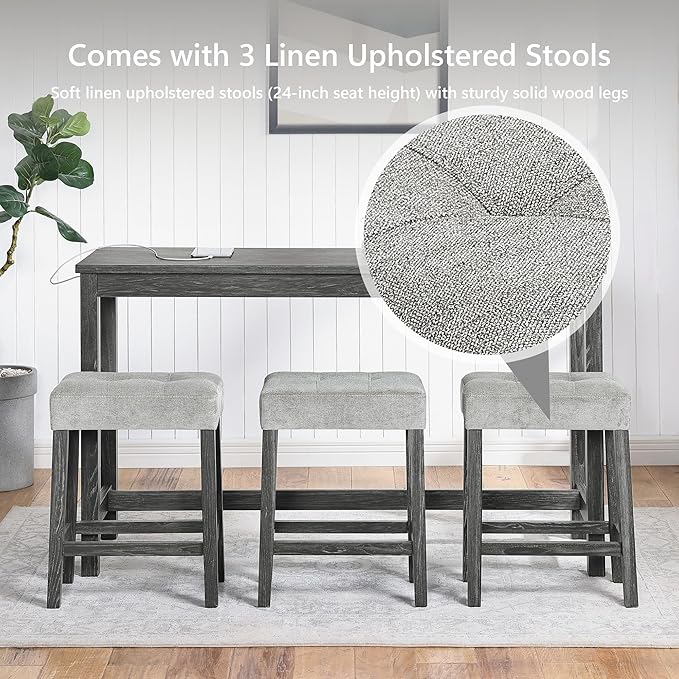 Merax Industrial Bar Table Set with Power Outlet, 4-Piece Counter Height Dining Set with Linen Fabric Stools for Kitchen, Breakfast Nook, Game Room,Black Gray+ Gray