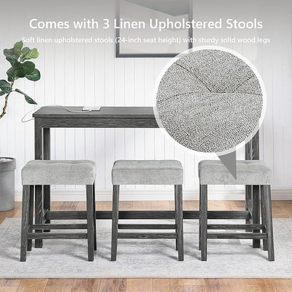 Merax Industrial Bar Table Set with Power Outlet, 4-Piece Counter Height Dining Set with Linen Fabric Stools for Kitchen, Breakfast Nook, Game Room,Black Gray+ Gray