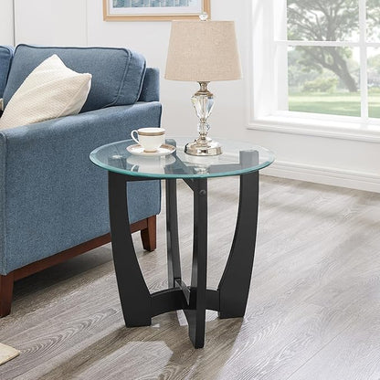 23.5" Round Side Tables, Small Space End Table with Tempered Glass Tabletop, Glass Coffee Table with Cross and Solid Wood Base, Small Night Stand for Living Room Black