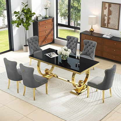 7-Piece Modern Luxury Dining Table Set, 70" Black Tempered Glass Dining Table with Gold Polished Stainless Steel U-Shaped Pedestal Base, 6 Gray Velvet Upholstered Chairs, for Dining Room, Office