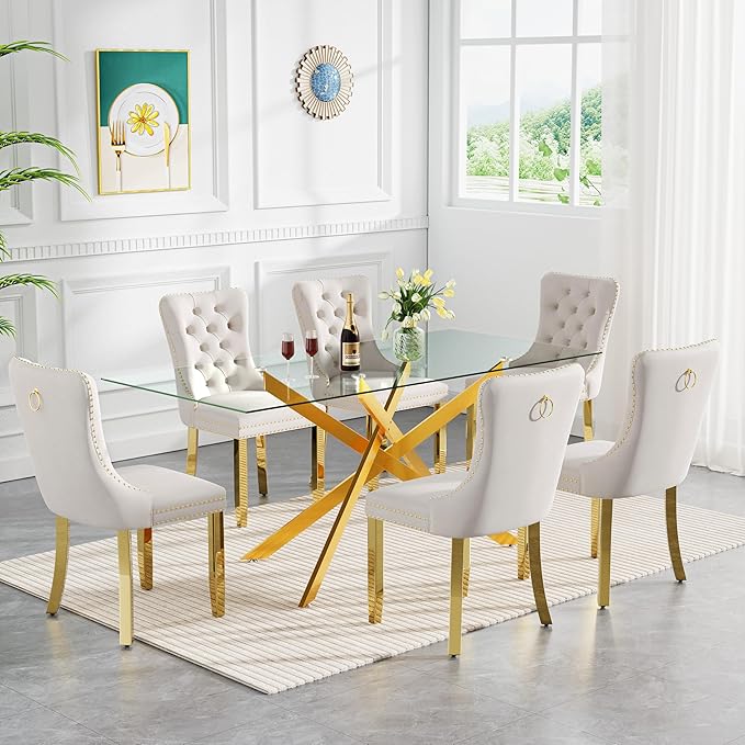 61" Glass Dining Table for 6, Modern Kitchen Dining Room Table with Rectangular Tempered Glass Top and X Metal Legs, Large Gold Glass Dinner Table for Kitchen
