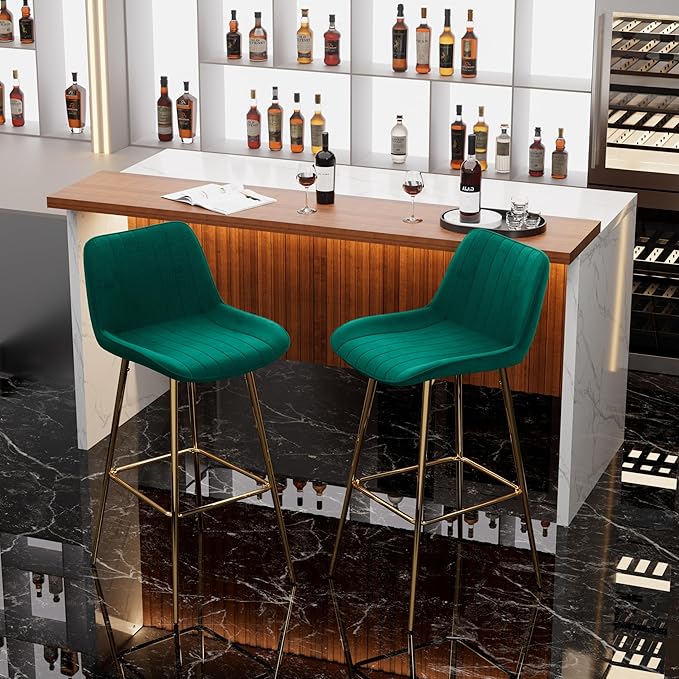 Modern Bar Table and Bar Stools Set, Marble-Look Counter Table with Wood Accent Top & Green Velvet Bar Chairs Set of 2 with Gold Legs, Kitchen Island Pub Table Set for Home Bar, Dining Room