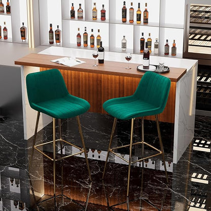 Modern Bar Table and Bar Stools Set, Marble-Look Counter Table with Wood Accent Top & Green Velvet Bar Chairs Set of 2 with Gold Legs, Kitchen Island Pub Table Set for Home Bar, Dining Room