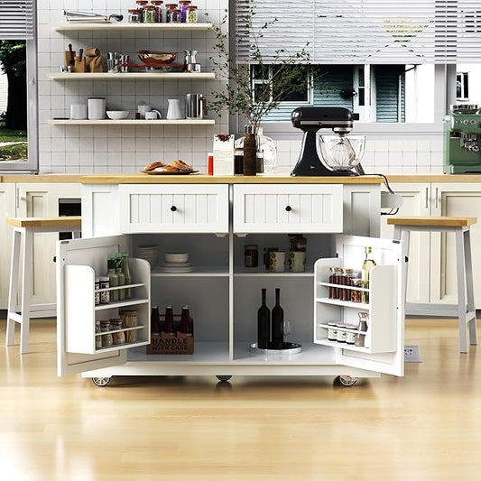 Ball & Cast Kitchen Island with 2 Bar Stools and Power Outlet,Rolling Kitchen Cart on 5 Wheels W/Drop Leaf&5 Open Side Racks,Kitchen Storage Cart W/Adjustable Shelf,for Kitchen,Dining Room,White,48"