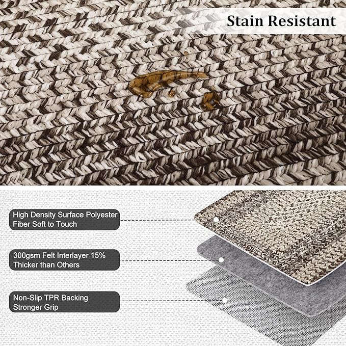 Imitation Braided Collection-Print 10x13 Area Rug for Living Room Large Washable Rug Non-Slip Non-Shedding Stain Resistant Thin Foldable Floor Cover Carpet for Bedroom Dining Room Classroom