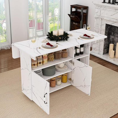 Multi-Functional Folding Dining Table Kitchen Island with Storage Shelves and Wheels, Space Saving Dining Tables Compact Desk for Dining Room, Kitchen, Dorm, Office (White)